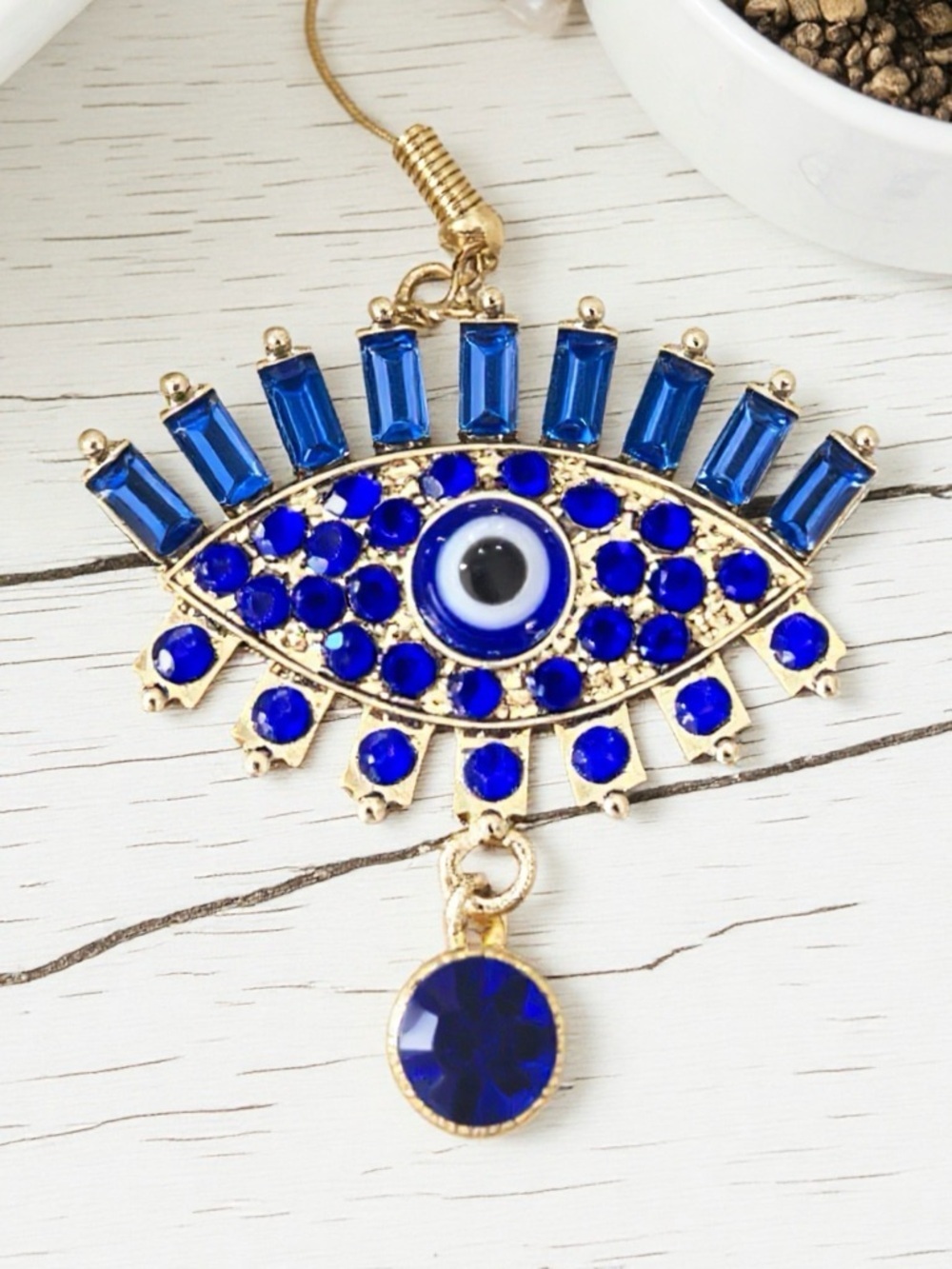 Gold-Tone Evil Eye Drop Earrings with Royal Blue Crystals - Women Jewelry